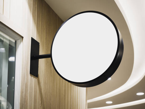 istock Mock up shop logo sign Lightbox circle signage 1472042349