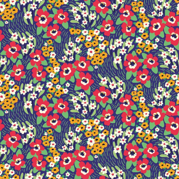 Vector illustration of Seamless floral pattern with liberty artistic meadow: small flowers, leaves, grass on a blue background. Vector illustration.