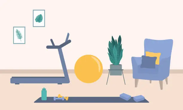 Vector illustration of Modern Living Room Interior With Armchair, Exercise Mat, Dumbbells, Treadmill And Potted Plant