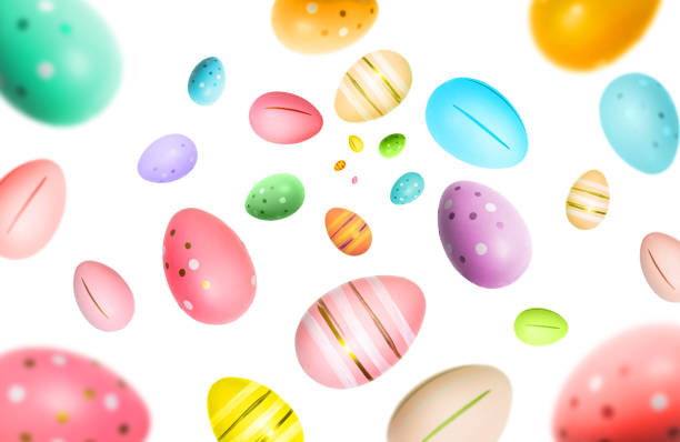 colección de huevos de pascua multicolores que caen aislados sobre fondo blanco. enfoque selectivo - oval shape fotos fotografías e imágenes de stock