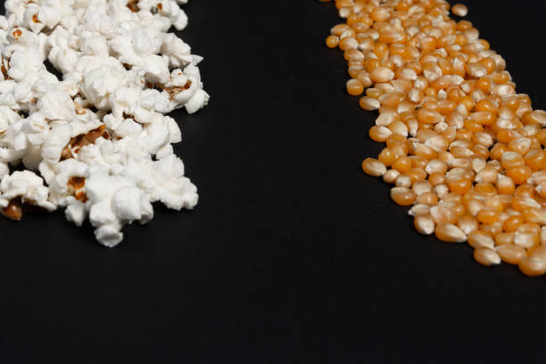 istock a row of ready-made popcorn and a row of corn kernels on a black background, place for inscription and advertising. 1472044071