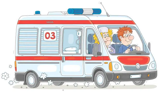 Vector illustration of Ambulance car with a doctor and a driver