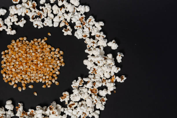 uma pilha de grãos de milho no meio de um círculo de pipoca pronto. - popcorn black dietary fiber refreshment - fotografias e filmes do acervo