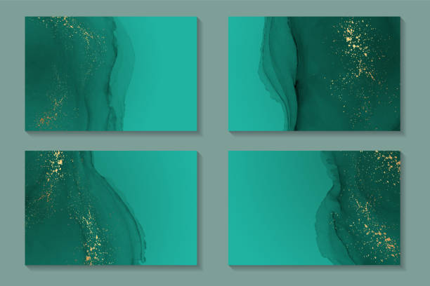 istock Watercolor backgrounds with abstract green ink waves and golden splashes. 1472045314