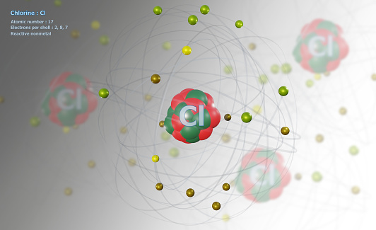 Atom of Chlorine with detailed Core and 17 Electrons on White with Atoms in background