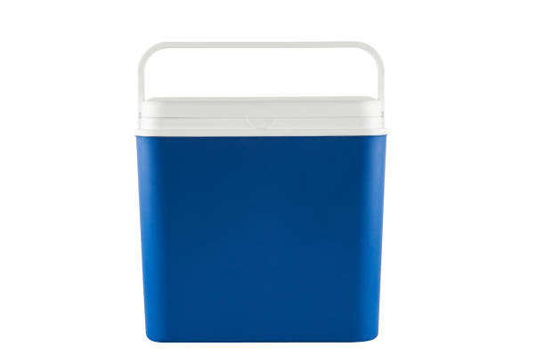 istock Closed blue plastic cooler isolated on white background 1472049453