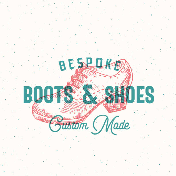 Bespoke Boots and Shoes Retro Vector Sign, Symbol Template. Women Shoe Illustration and Vintage Typography Emblem. Press or Print Effect Card with Shabby Texture. Isolated
