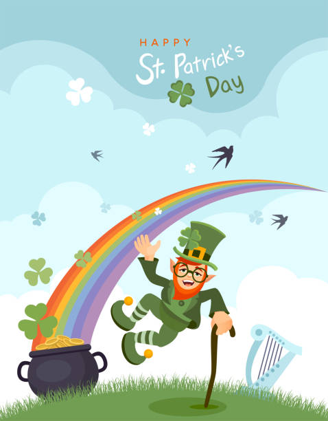 illustrazioni stock, clip art, cartoni animati e icone di tendenza di poster del giorno di san patrizio. leprechaun e una pentola d'oro. - leprechaun st patricks day cartoon luck