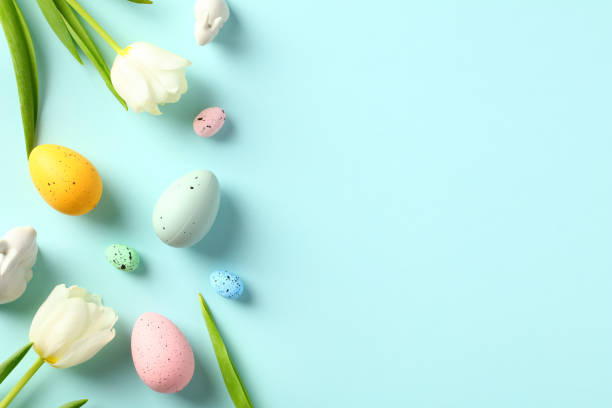 istock Happy Easter card template. Flat lay white tulips, Easter rabbit, colorful Easter eggs on pastel blue background. 1472051029