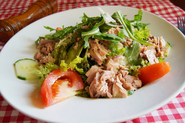 deliciosa ensalada verde con atún y tomate - tuna salad sandwich fotografías e imágenes de stock