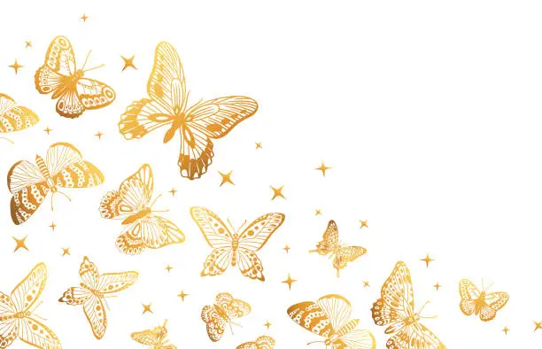 Vector illustration of Golden butterflies backdrop. Cartoon gorgeous butterfly pattern, gold butterfly flock, gorgeous exotic moths flat vector background illustration