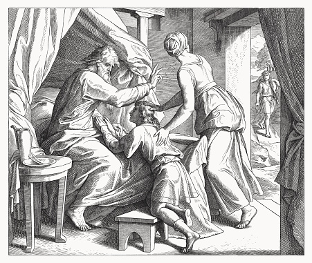 Jacob Cheats Esau out of the Blessing (Genesis 27). Wood engraving by Julius Schnorr von Carolsfeld (German painter, 1794 - 1872), published in 1860.