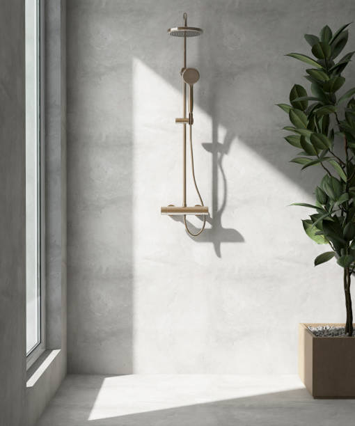 istock Modern, minimal, loft bathroom design with adjustable chrome shower holder, rain shower head, green fiddle leaf fig tree in mustard yellow pot in sunlight from window on gray polished cement wall 1472055849