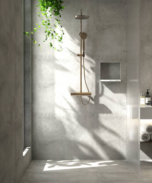 Modern, minimal, loft bathroom design with adjustable chrome shower holder, rain shower head, green creeper plant reeded glass partition t in sunlight from window on gray polished cement wall stock photo