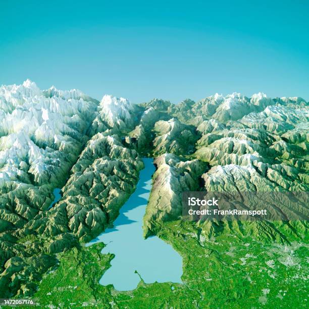 Lake Garda Topographic Map 3d View Color Stock Photo - Download Image Now - Aerial View, Brescia, Cartography