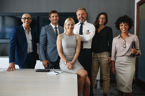Group of professional men and women standing in a boardroom, smiling at the camera with confidence. Team of business people working together in a corporate startup, cooperating and collaborating,
