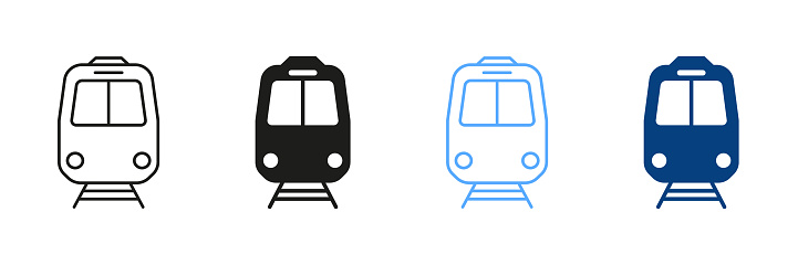 Train Line And Silhouette Color Icons Set. Railway Station Pictograms. City Electric Public Transportation Sign Collection, Freight Locomotive Outlines And Solid Symbol. Isolated Vector Illustrations.