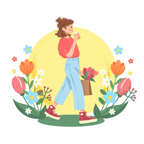 Vector illustration of Illustration of a walking girl with coffee and a bouquet of tulips on a background of spring flowers