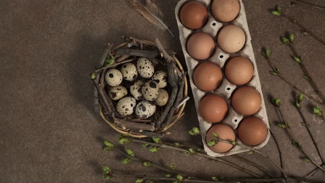 Easter concept background. Greeting card with quail eggs in the nest, chicken eggs, twigs with green leaves and feathers on wooden background rotating. Happy Easter holiday rotate