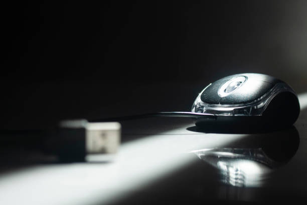 Silver computer mouse with cord on blue background