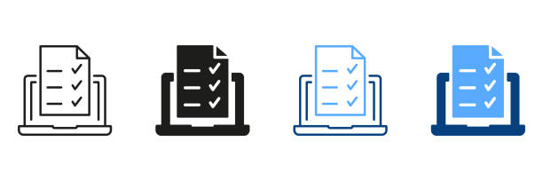 Online Exam, Taking Tests, Questionnaires, Checklist on Device Screen. Laptop with Online Form Survey Silhouette and Line Icon Set. Online Education and Elearning Signs. Isolated Vector Illustration Online Exam, Taking Tests, Questionnaires, Checklist on Device Screen. Laptop with Online Form Survey Silhouette and Line Icon Set. Online Education and Elearning Signs. Isolated Vector Illustration. data icons solid stock illustrations