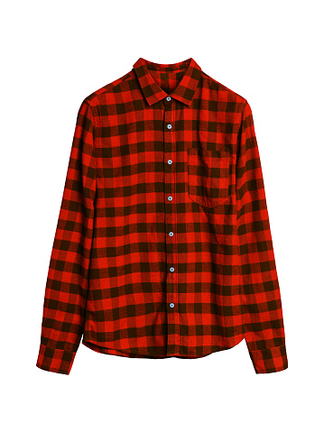 Red classic tartan checkered shirt with long sleeves isolated on white background