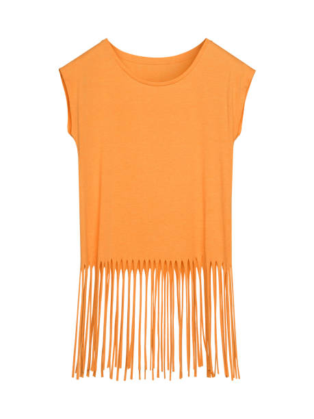 istock Orange blank boho style summer t-shirt with long fringes isolated on white 1472066295