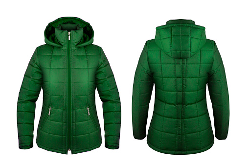 Dark green woman down jacket with hood front and back isolated on white