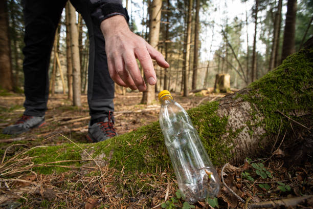 Unrecognizable man crouching down to pick up a discarded empty plastic water bottle in a forest in Europe. Wide angle, shallow depth of field, low angle view. stock photo