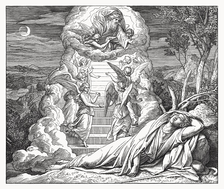 Jacob sees the ladder to heaven in a dream (Genesis 28). Wood engraving by Julius Schnorr von Carolsfeld (German painter, 1794 - 1872), published in 1860.