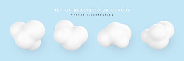 3d-plastikwolken. set aus runden cartoon-flauschigen wolken, die auf blauem hintergrund isoliert sind. vektor-illustration - cumuliform stock-grafiken, -clipart, -cartoons und -symbole