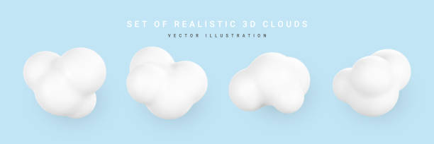 plastikowe chmury 3d. zestaw okrągłych kreskówkowych puszystych chmur izolowanych na niebieskim tle. ilustracja wektorowa - fluffy stock illustrations