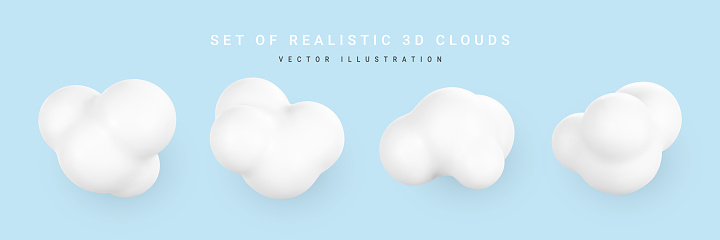 3d plastic clouds. Set of round cartoon fluffy clouds isolated on a blue background. Vector illustration.