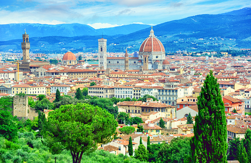 Aerial view of the Florence with Duomo and Palazzo Vecchio, Tuscany, Italy