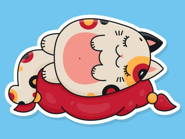 illustrations, cliparts, dessins animés et icônes de dessin animé mignon dormant. un gros chat est allongé sur un oreiller rouge. autocollant vectoriel. - comic book animal pets kitten
