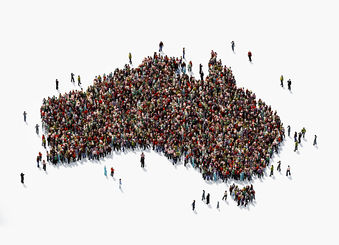 Human crowd forming Australia continent on white background. Horizontal  composition with copy space. Clipping path is included. Population and Social Media concept.