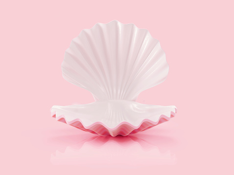 Open sea shell on pink background. Horizontal composition with copy space. Front view. Luxury concept.