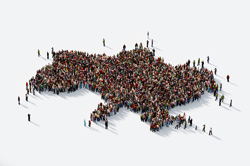 Human crowd forming Ukraine on white background. Horizontal  composition with copy space. Clipping path is included. Population and Social Media concept.