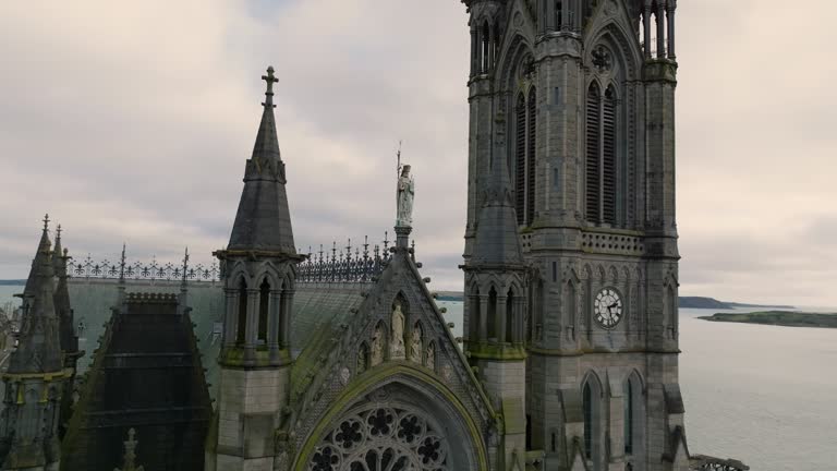 Aerial view of St. Colman's Cathedral in Cobh, jesus statue in church