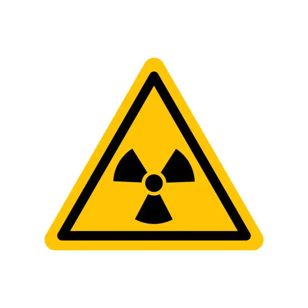 Vector illustration of Ionizing radiation sign. Black danger icon on yellow triangle symbol. Vector illustration of radiation. Hazard symbol.