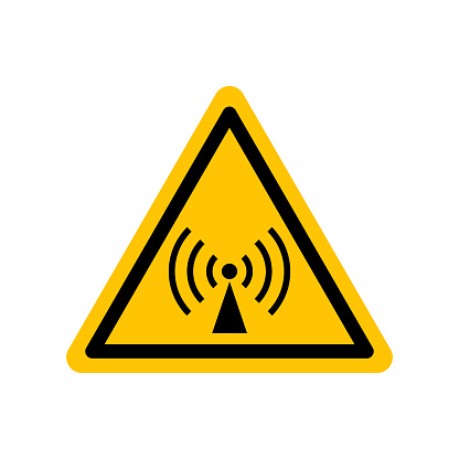 Non-ionizing radiation sign. Black danger icon on yellow triangle symbol. Vector illustration of radio emission. Hazard symbol. Danger pictogram, warning sign icon. Informing about risk and caution.