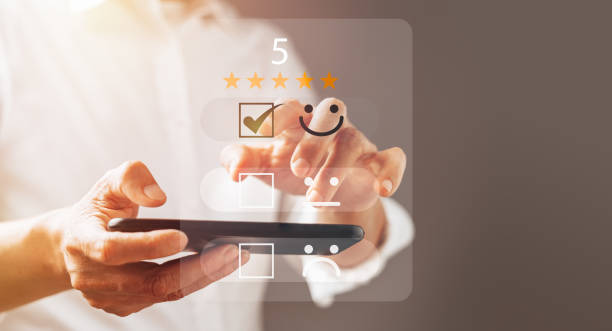 istock Customers rate their satisfaction and feedback very impressed with 5 stars through the application 1472080278