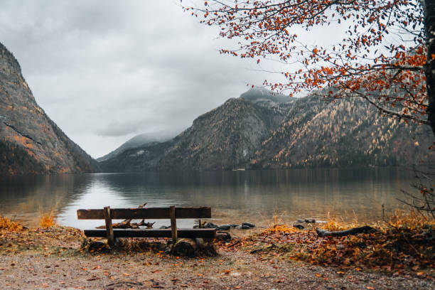 istock bench in front of a lake in mountains 1472082907
