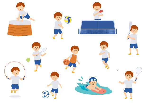 Vector illustration of Clip art of boy enjoying sports in school physical education