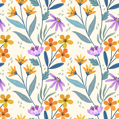 Cute small yellow orange and purple flowers seamless pattern. This pattern can be used for fabric textile wallpaper gift wrap paper.