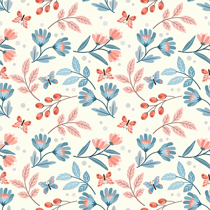 Beautiful flowers and butterfly seamless pattern.