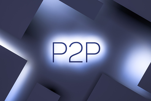 P2P text neon concept, exchange concept peer-to-peer cryptocurrency trading.P2P text concept with neon light on dark background. 3D render