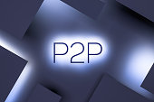 P2P text neon concept, p2p exchange concept peer-to-peer cryptocurrency trading.P2P text concept with neon light on dark background. 3D render