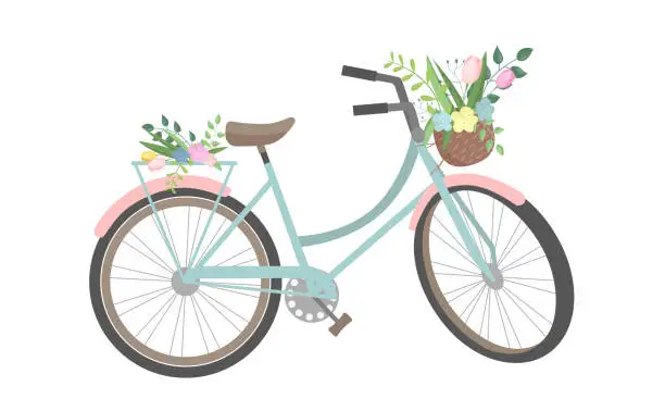Vector illustration of Cute bicycle with colorful flowers  and basket.
