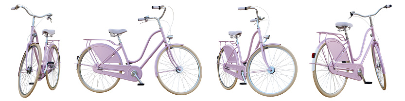 Dutch pink bicycle from different views isolated on white background. 3D render. 3D illustration.